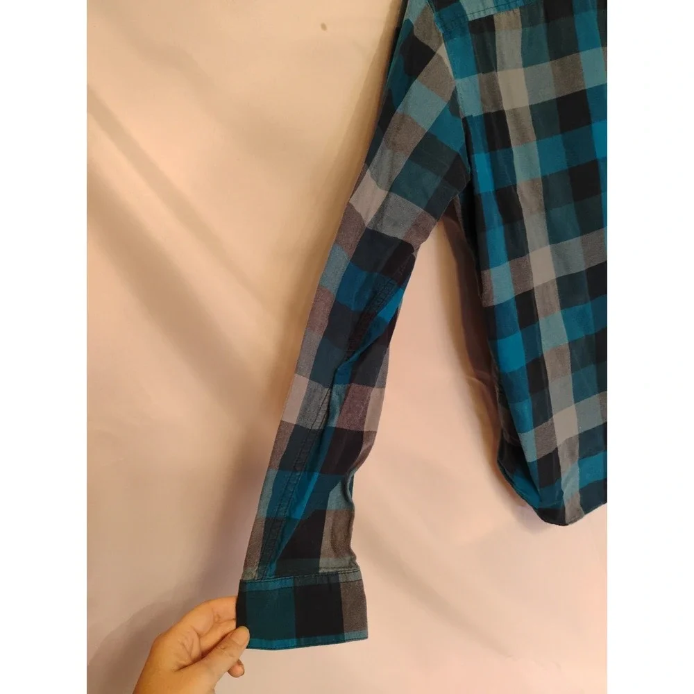 Columbia‎ Mens Medium M Black Blue Checkered Button Down Dress Shirt